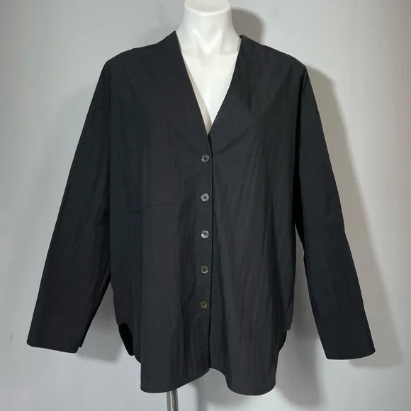 CO Collections V-Neck Blouse in Cotton Blend Poplin Black S Luxury Minimalist